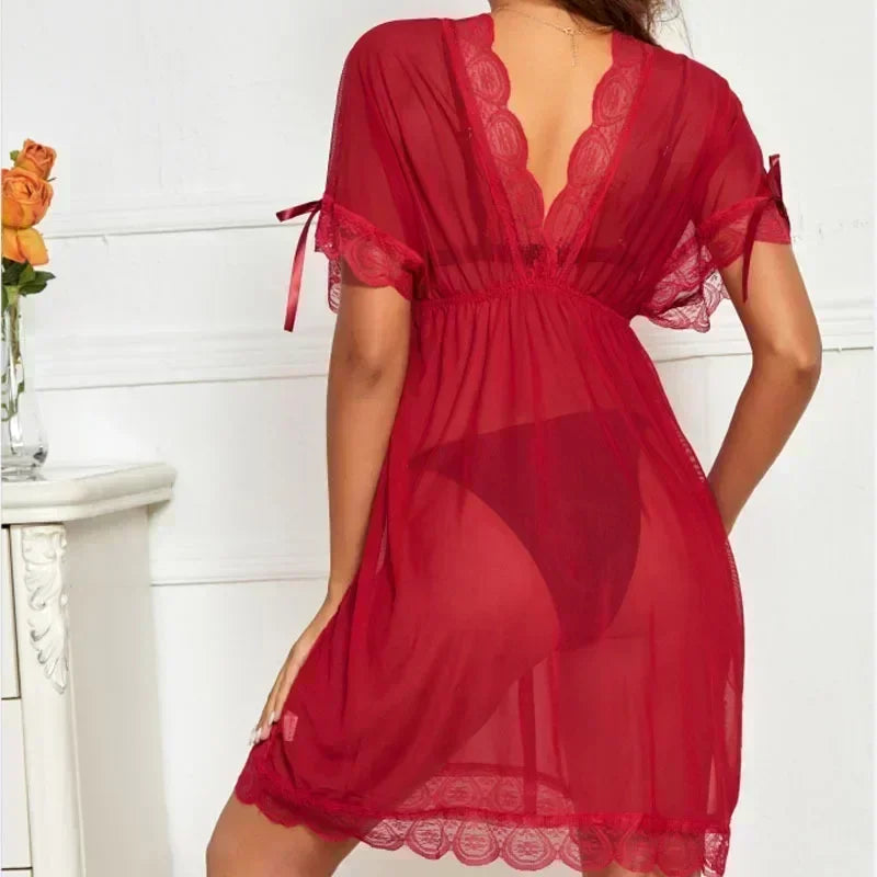 Deep V Slip Nightdress Lace Hot Seductive Sex Pajamas Women Big Chest Mm Nightdress  Summer Dress