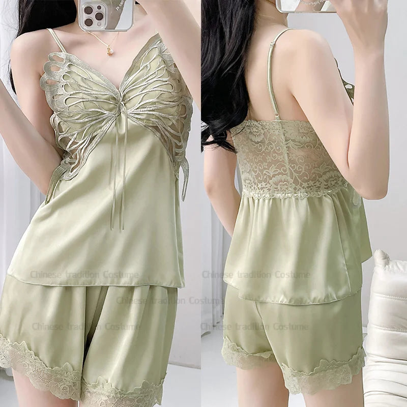 Satin Butterfly Lace Pajama Set