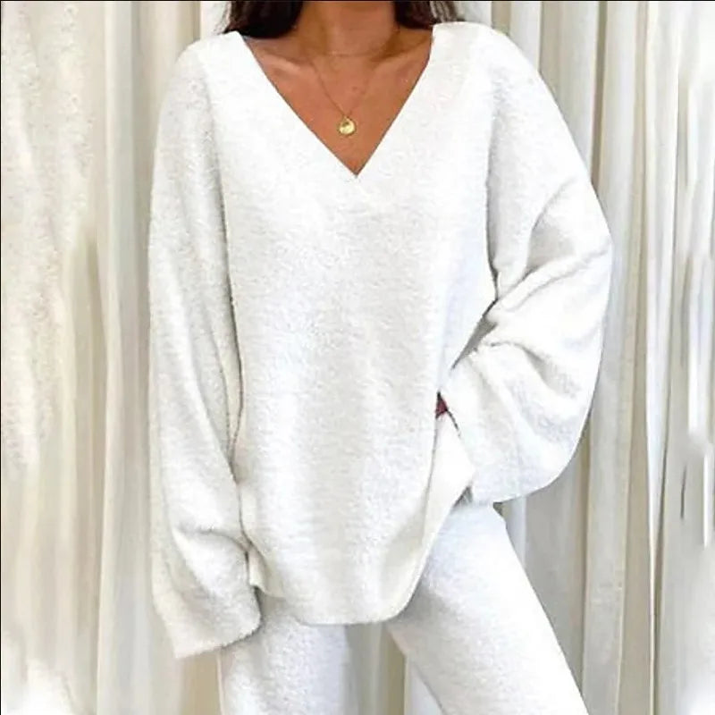 Solid V Neck Pajama Set