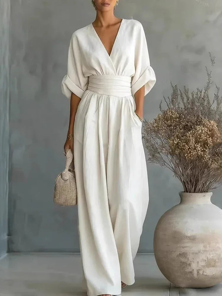 Elegant Linen V-Neck Jumpsuit
