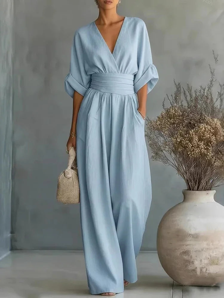 Elegant Linen V-Neck Jumpsuit