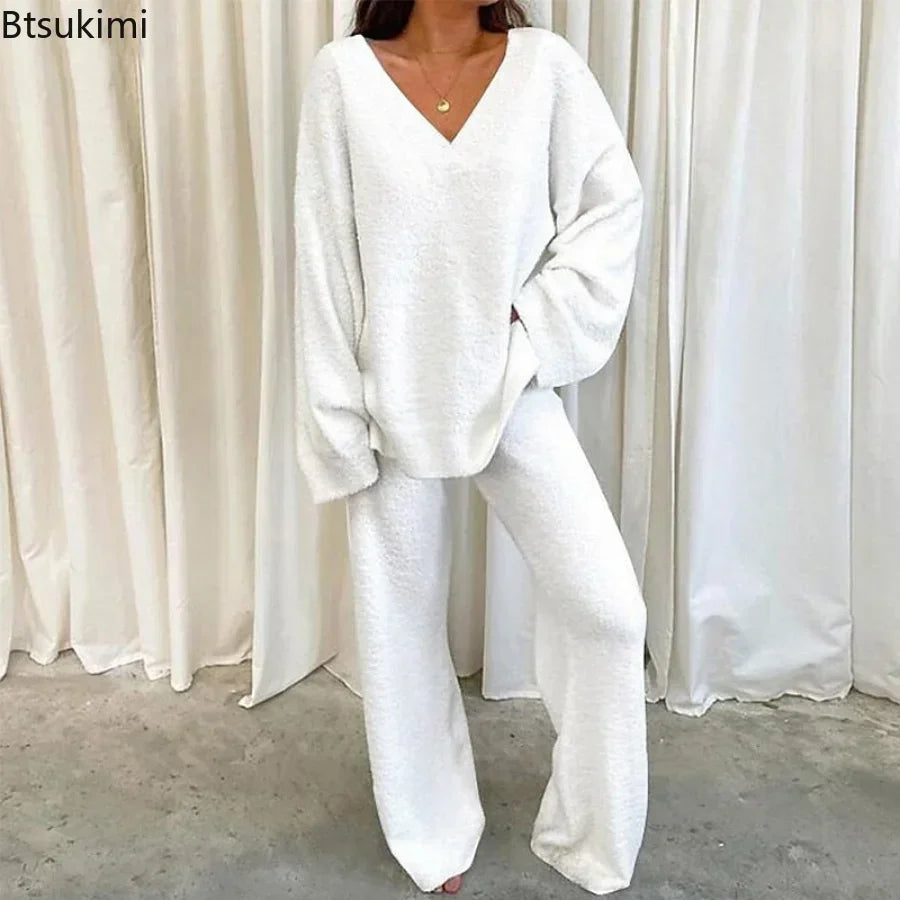 Solid V Neck Pajama Set