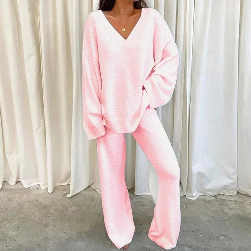 Solid V Neck Pajama Set