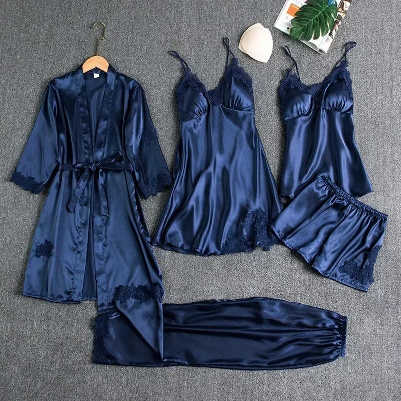 Silk Lace Nightgown Set - 5 Piece