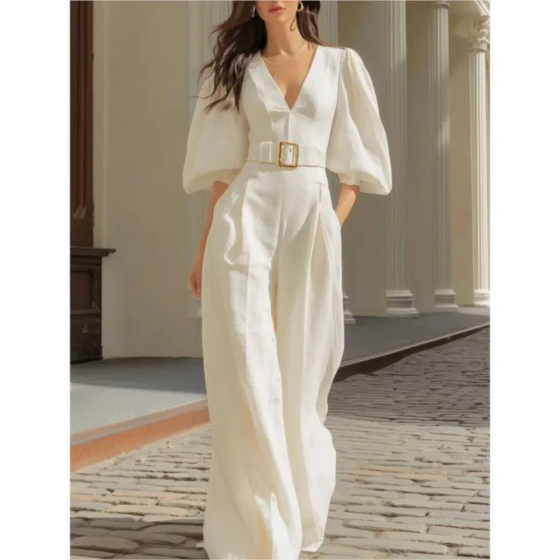 Elegant Puff Sleeve Belt Free Jumpsuit