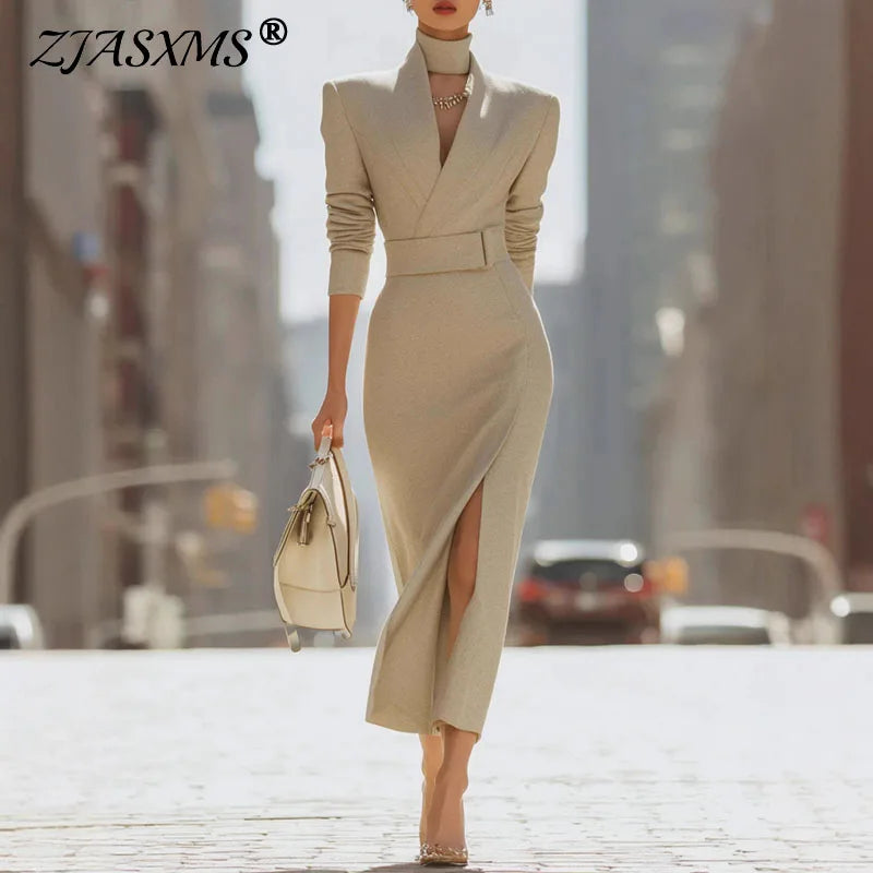 Belted V-Neck Evening Dress