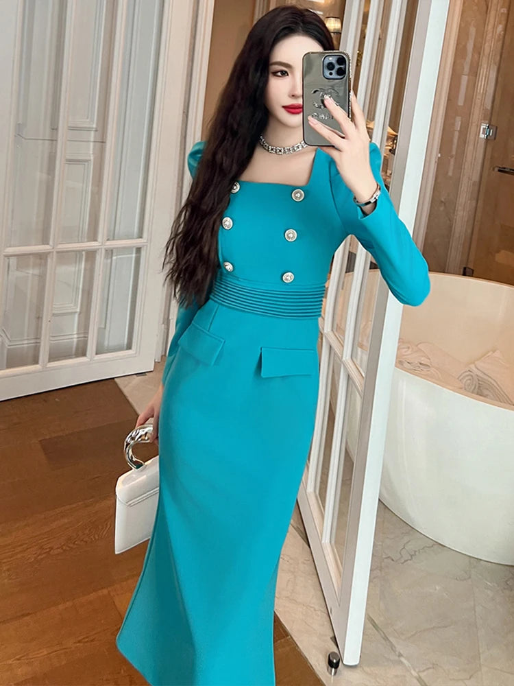 Blue Double-Breasted Dress