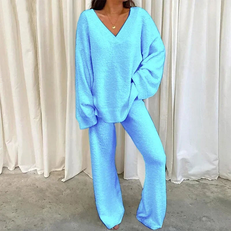 Solid V Neck Pajama Set