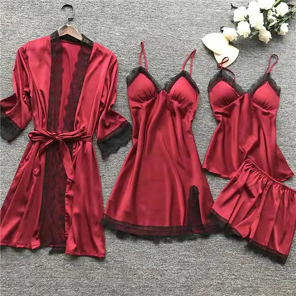 Satin & Lace Pajama Set - 4 Piece