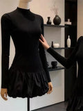 Women Slim Long-Sleeve Dress Half High Collar Puffy Dress Autumn and Winter Party Solid Color Dresses Black Fashion Elegant