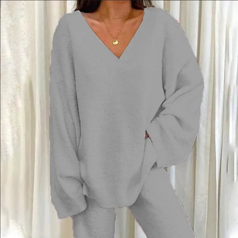 Solid V Neck Pajama Set