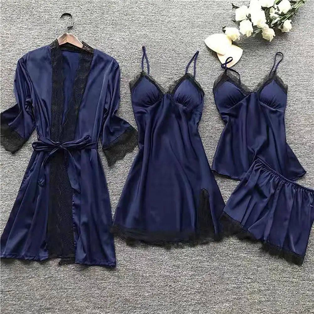 Satin & Lace Pajama Set - 4 Piece