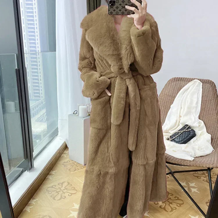 Lace-Up Faux Fur Coat with Pockets