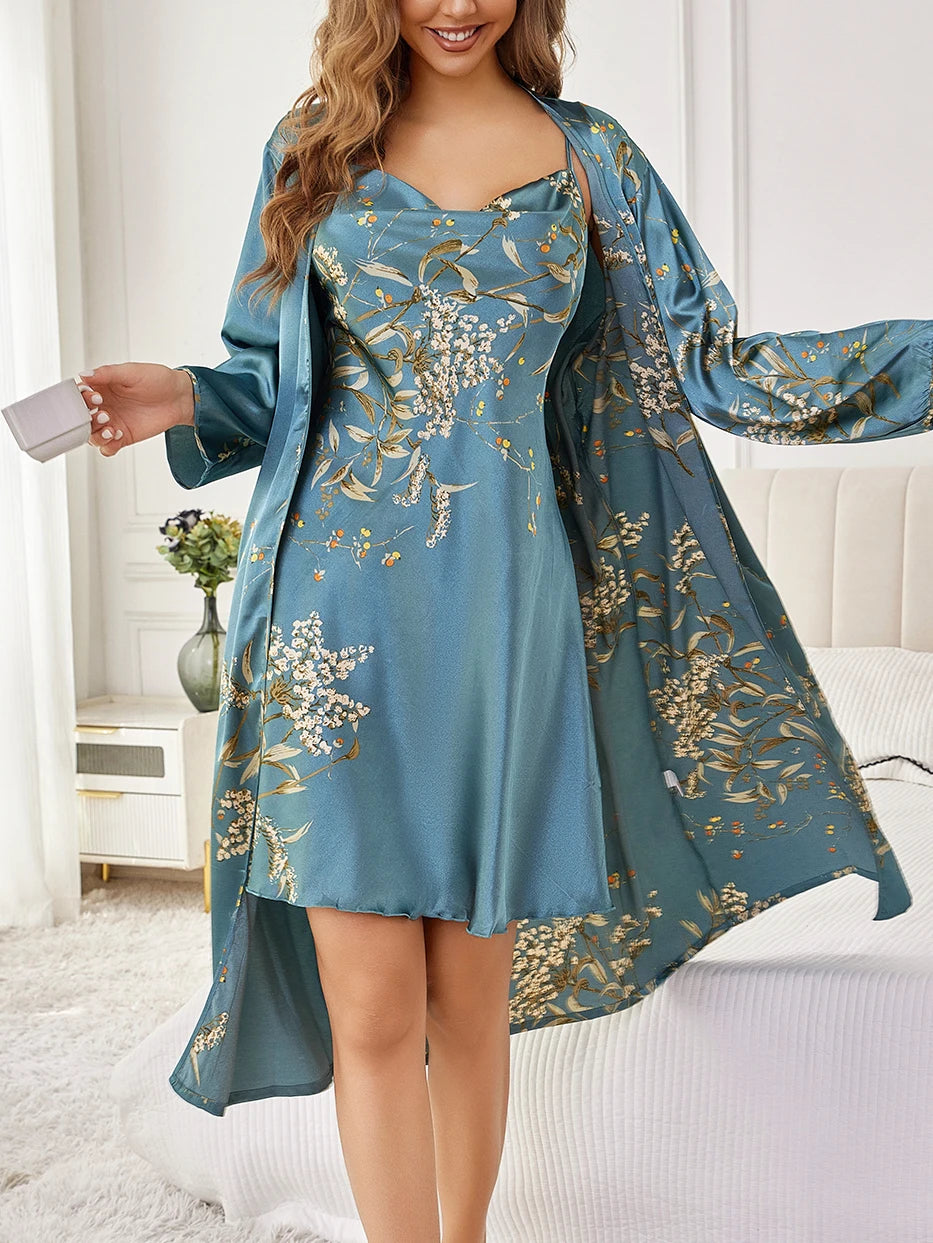 Silk Satin Floral Robe Set