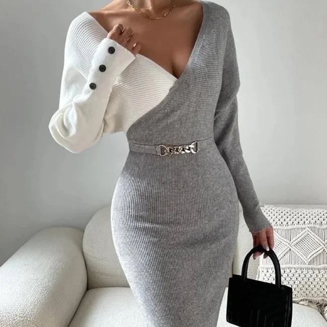 V-Neck Patchwork Knit Jumpsuit