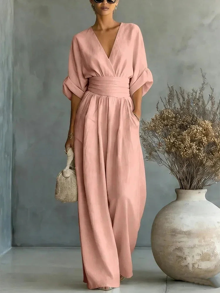 Elegant Linen V-Neck Jumpsuit