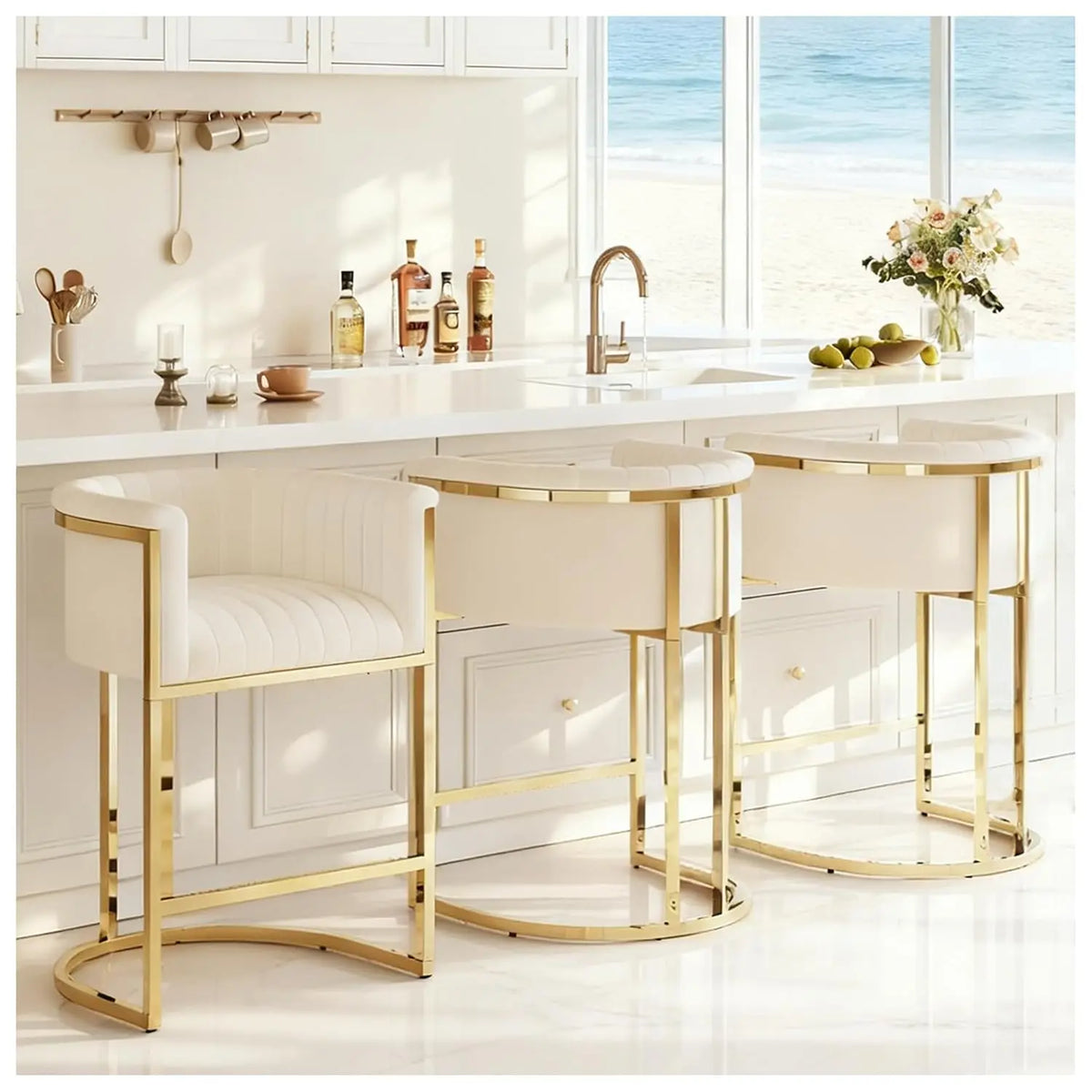 26" H Modern Velvet Barrel  Bar Stools Set of 3,