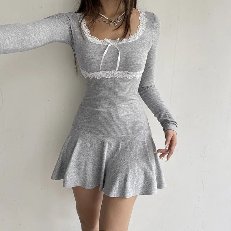 Sexy Mini Dress Women Autumn Streetwear Black Long Sleeves Lace Patchwork Fashion A-LINE Dress Club Elegant Party Solid Dresses