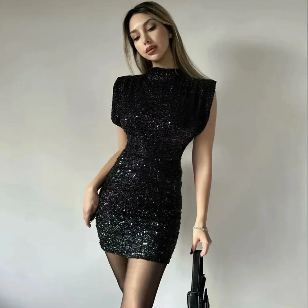 Sequined Shoulder Pad Mini Dress