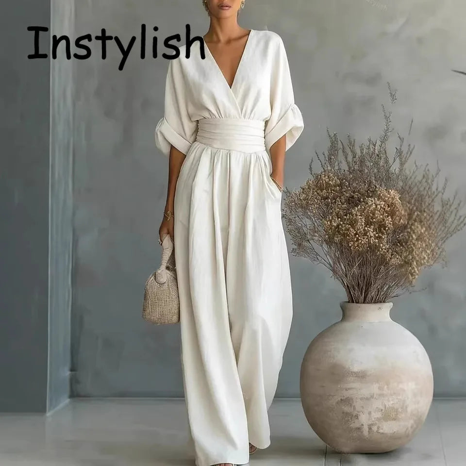 Elegant Linen V-Neck Jumpsuit