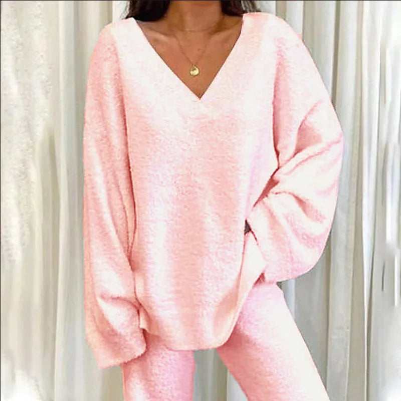Solid V Neck Pajama Set