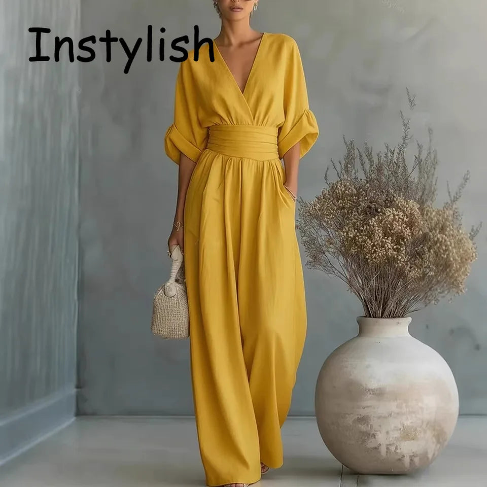 Elegant Linen V-Neck Jumpsuit