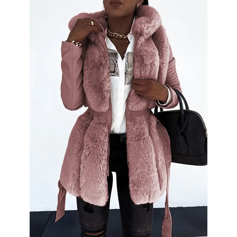 Hooded Faux Fur Coat with Belt