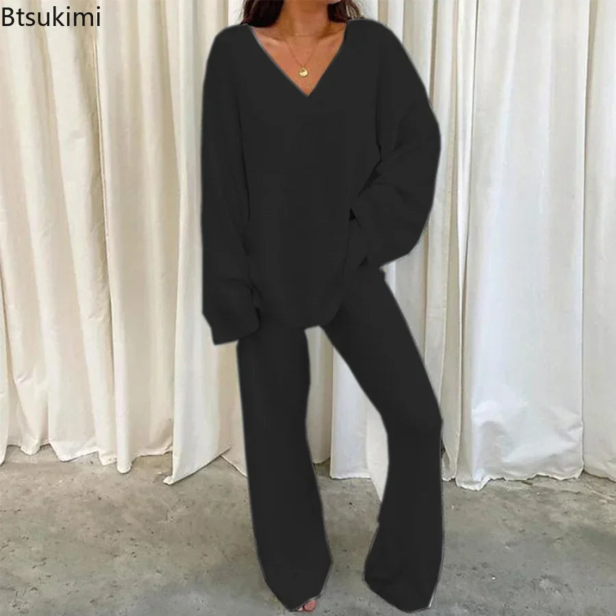 Solid V Neck Pajama Set