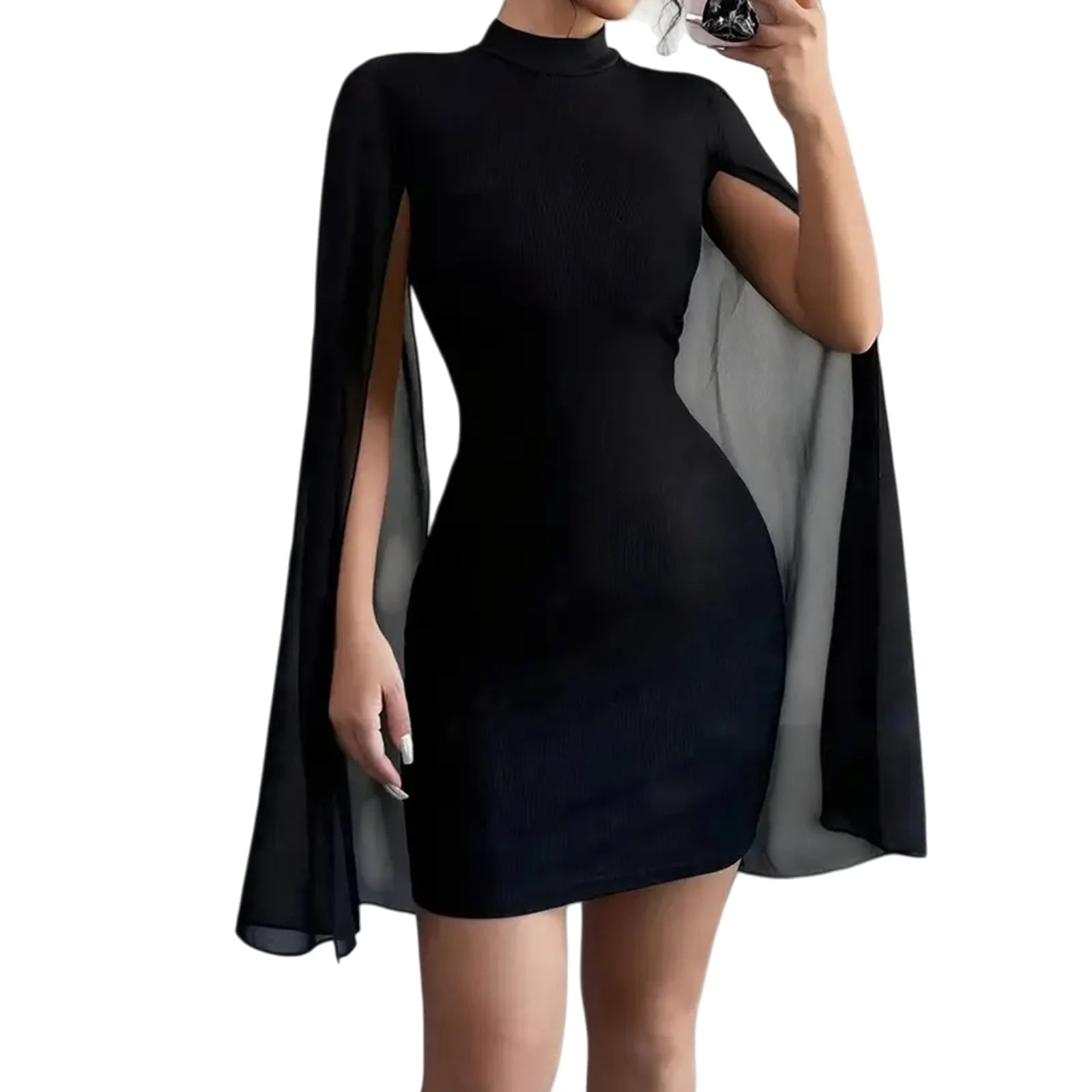 Black Ribbed Cape Dress