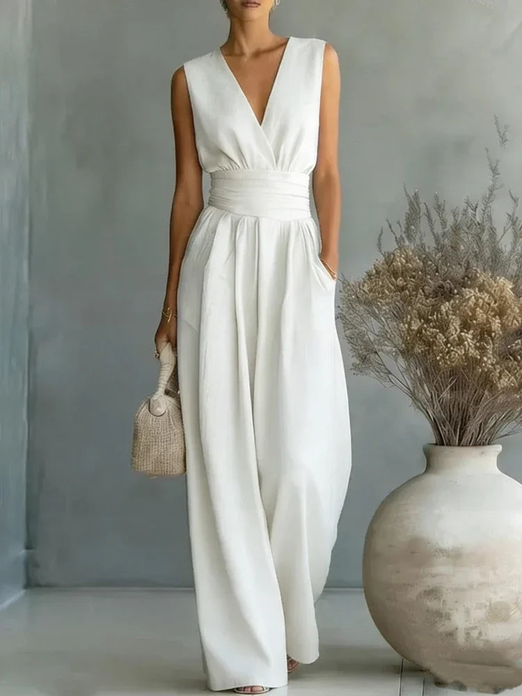 Elegant Linen V-Neck Jumpsuit