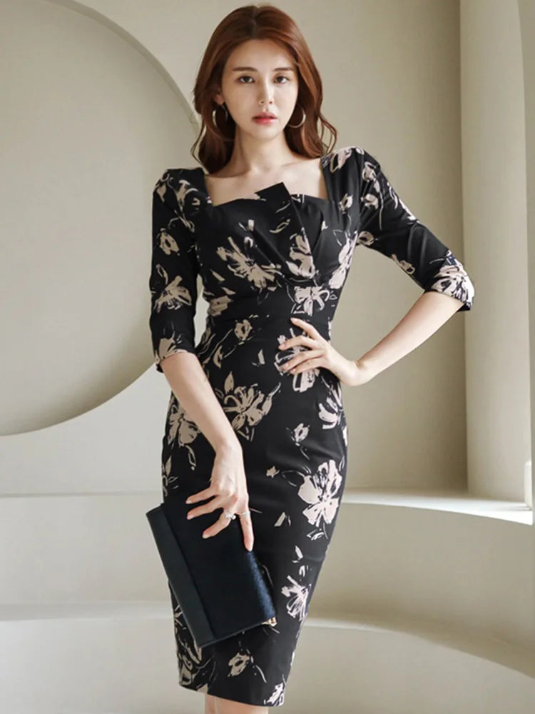 The Square Neck Floral Pencil Dress