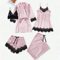 5 Pieces Women's Satin Sleepwear Pajama Set Robe Sexy Lingerie Bathrobe Lace Silk Night Dress Trousers Home Clothed Nightwear PJ