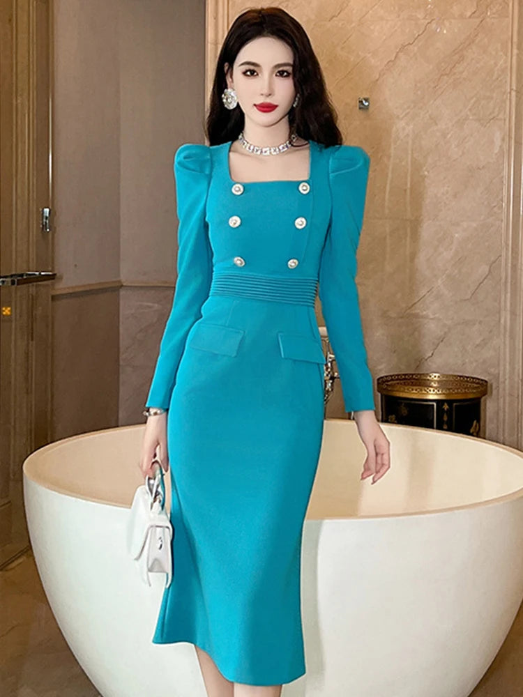 Blue Double-Breasted Dress
