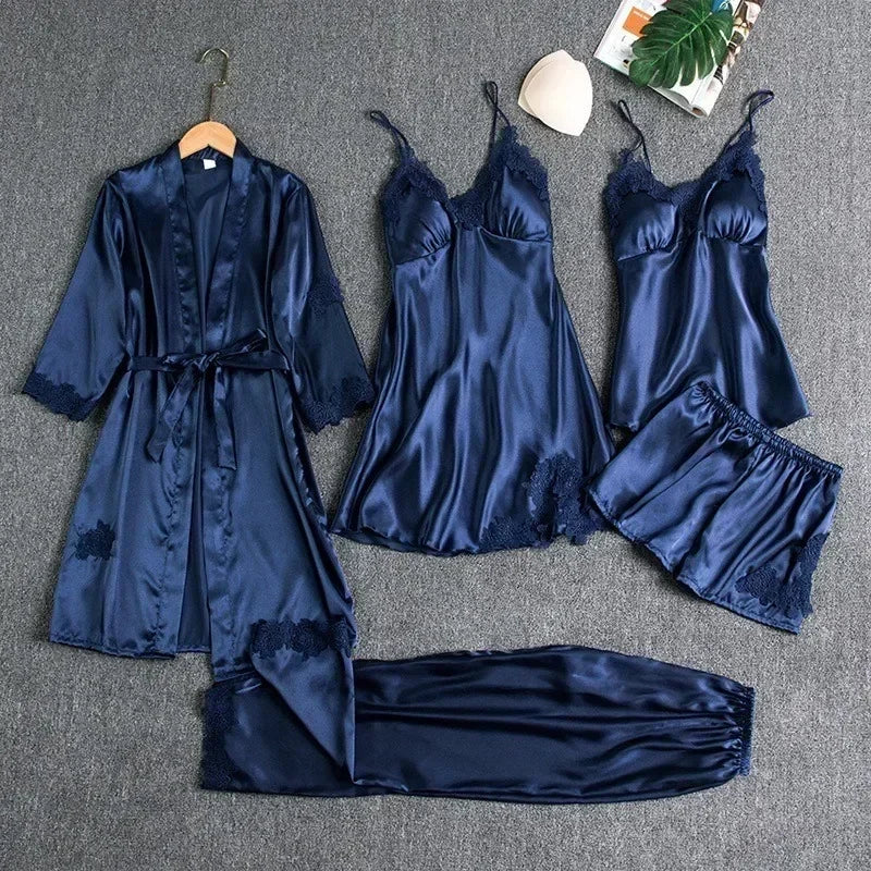 Silk Lace Nightgown Set - 5 Piece