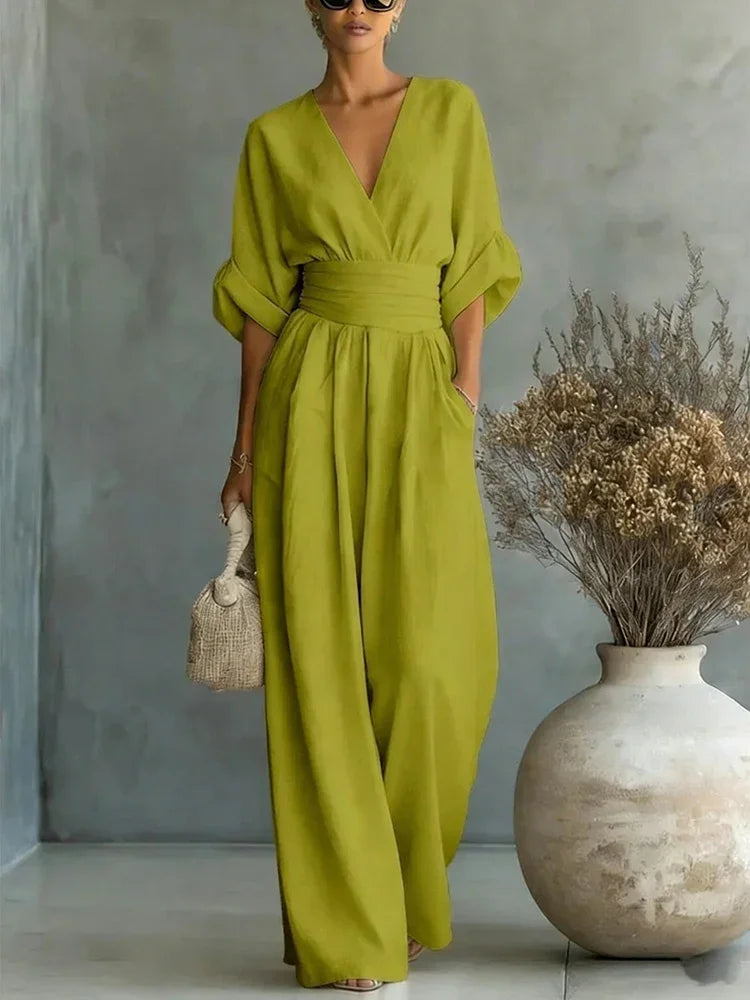 Elegant Linen V-Neck Jumpsuit