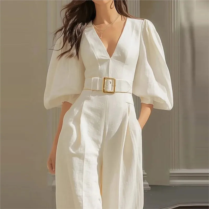 Elegant Puff Sleeve Belt Free Jumpsuit