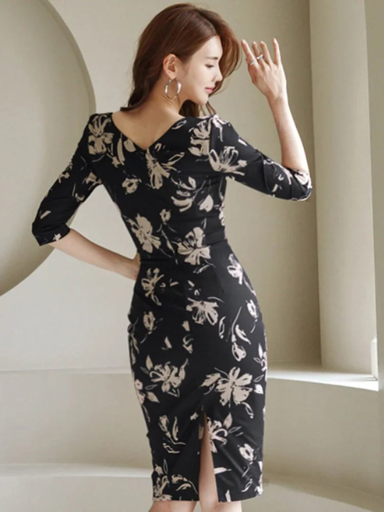 The Square Neck Floral Pencil Dress