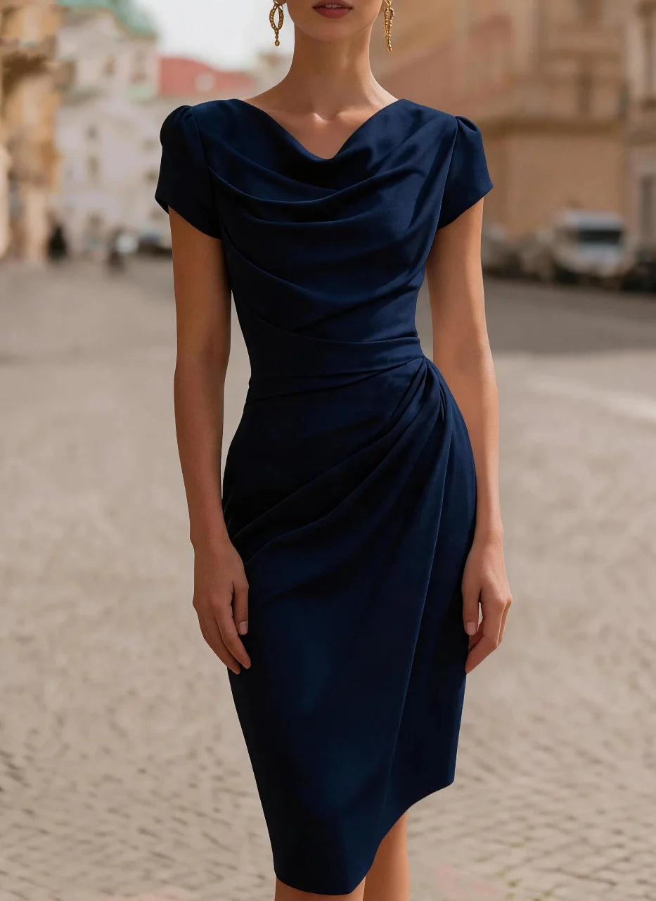 Ruched Cowl Neck Midi Dress