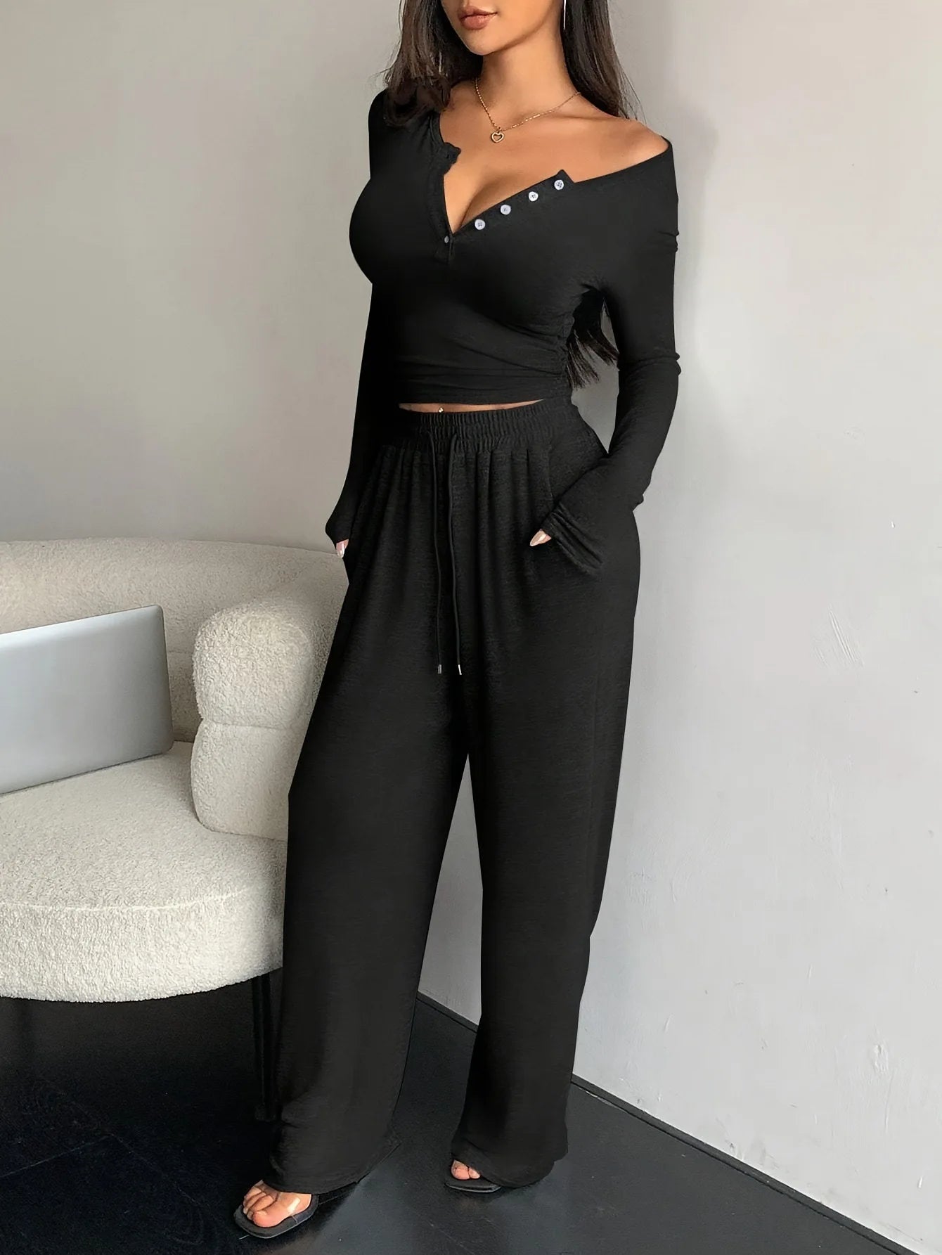 Women's Two-piece Fashion Spring/summer Button Solid Color Long-sleeved Top Drawstring Pocket Wide-leg Pants Women Casual Suit