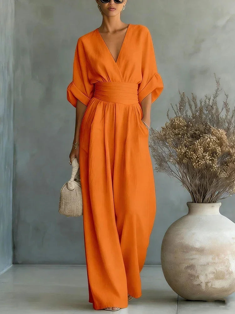 Elegant Linen V-Neck Jumpsuit