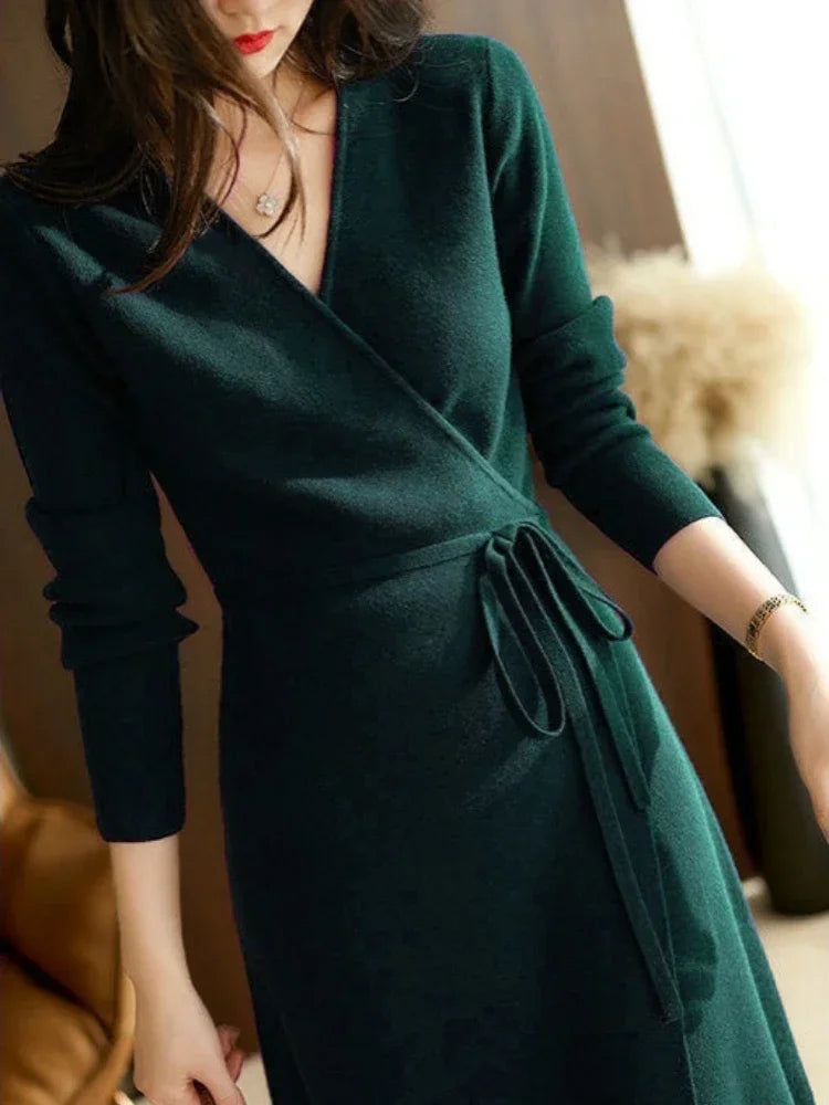 V-Neck Wrap Knit Dress