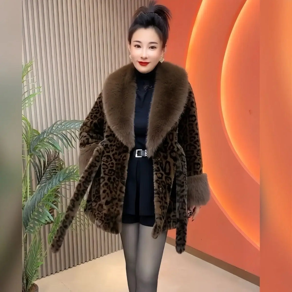 Leopard Print Fur Coat with Belt