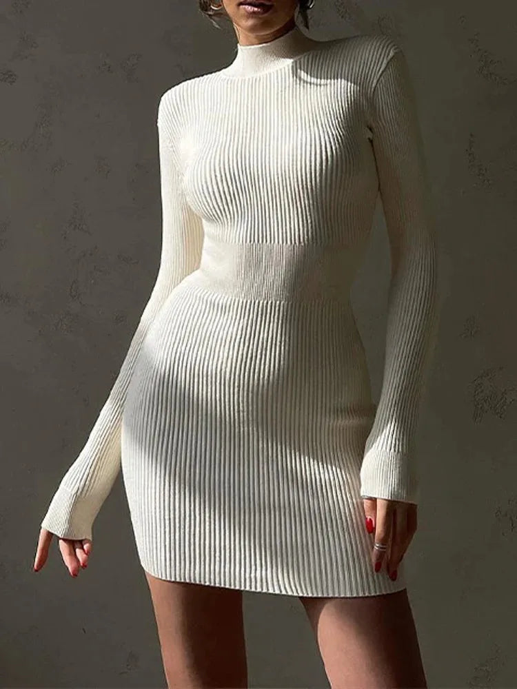 White Turtleneck Knit Dress