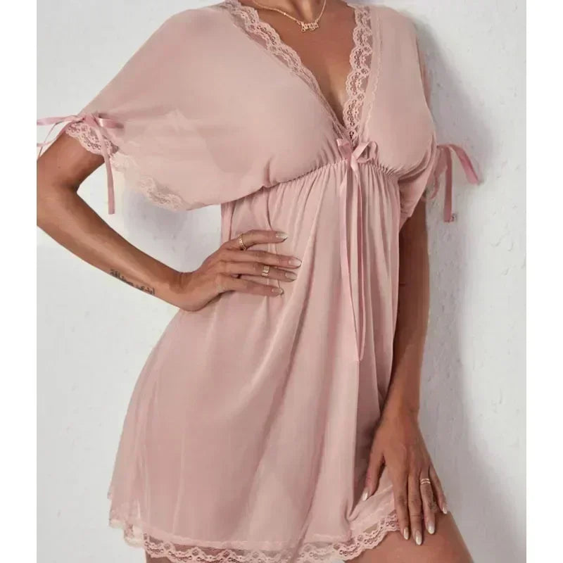 Deep V Slip Nightdress Lace Hot Seductive Sex Pajamas Women Big Chest Mm Nightdress  Summer Dress