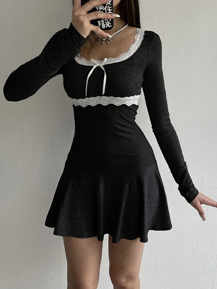 Sexy Mini Dress Women Autumn Streetwear Black Long Sleeves Lace Patchwork Fashion A-LINE Dress Club Elegant Party Solid Dresses