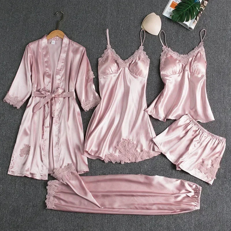 Silk Lace Nightgown Set - 5 Piece