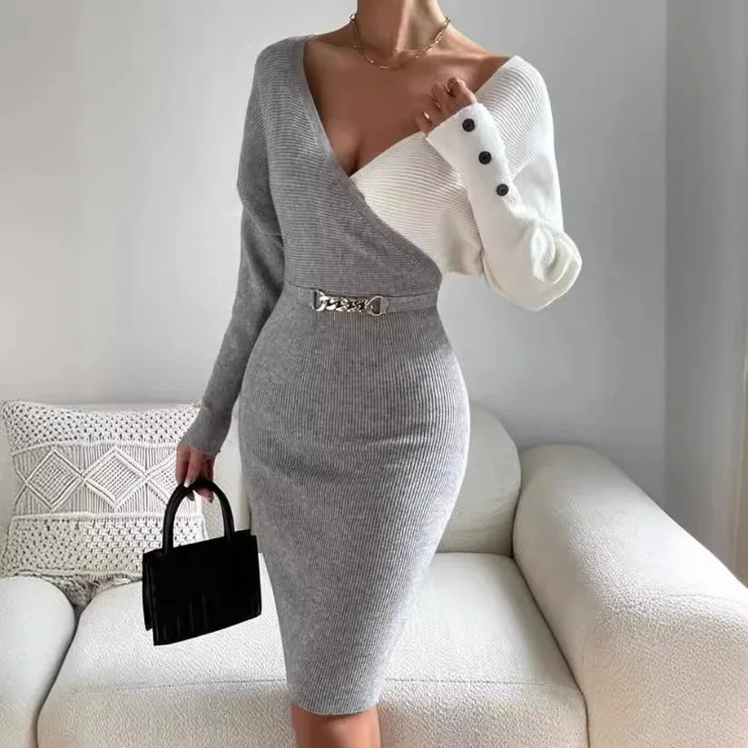V-Neck Patchwork Knit Jumpsuit