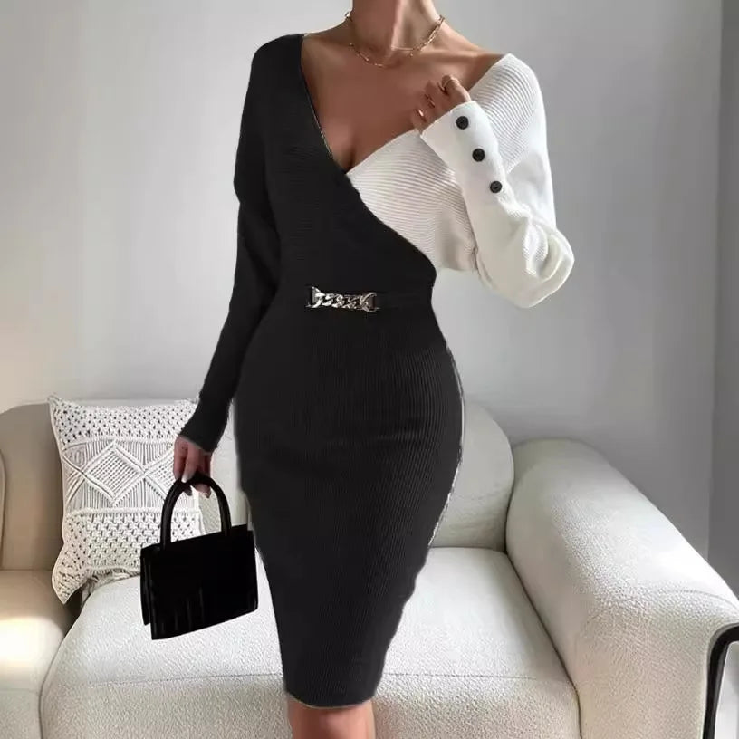 V-Neck Patchwork Knit Jumpsuit