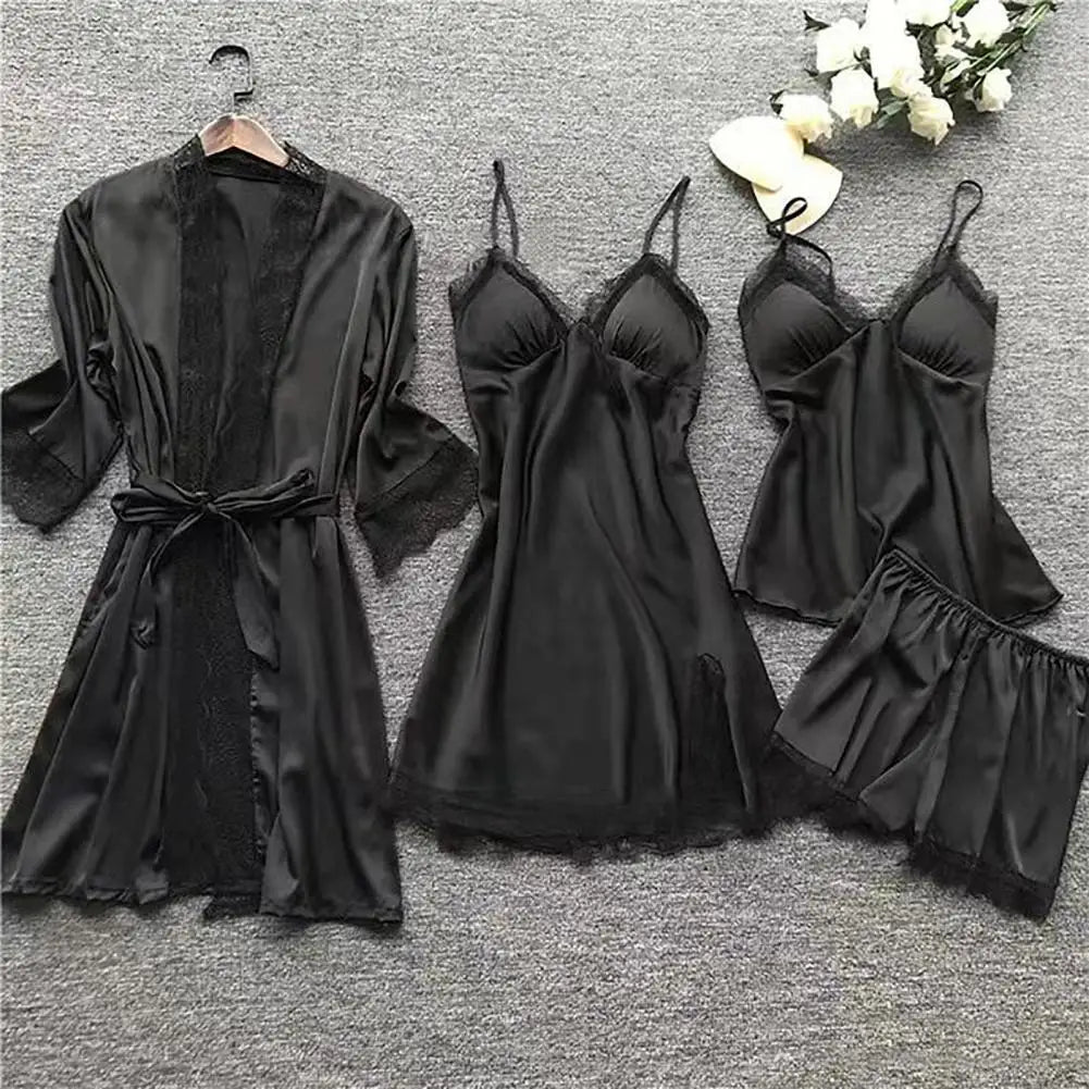 Satin & Lace Pajama Set - 4 Piece