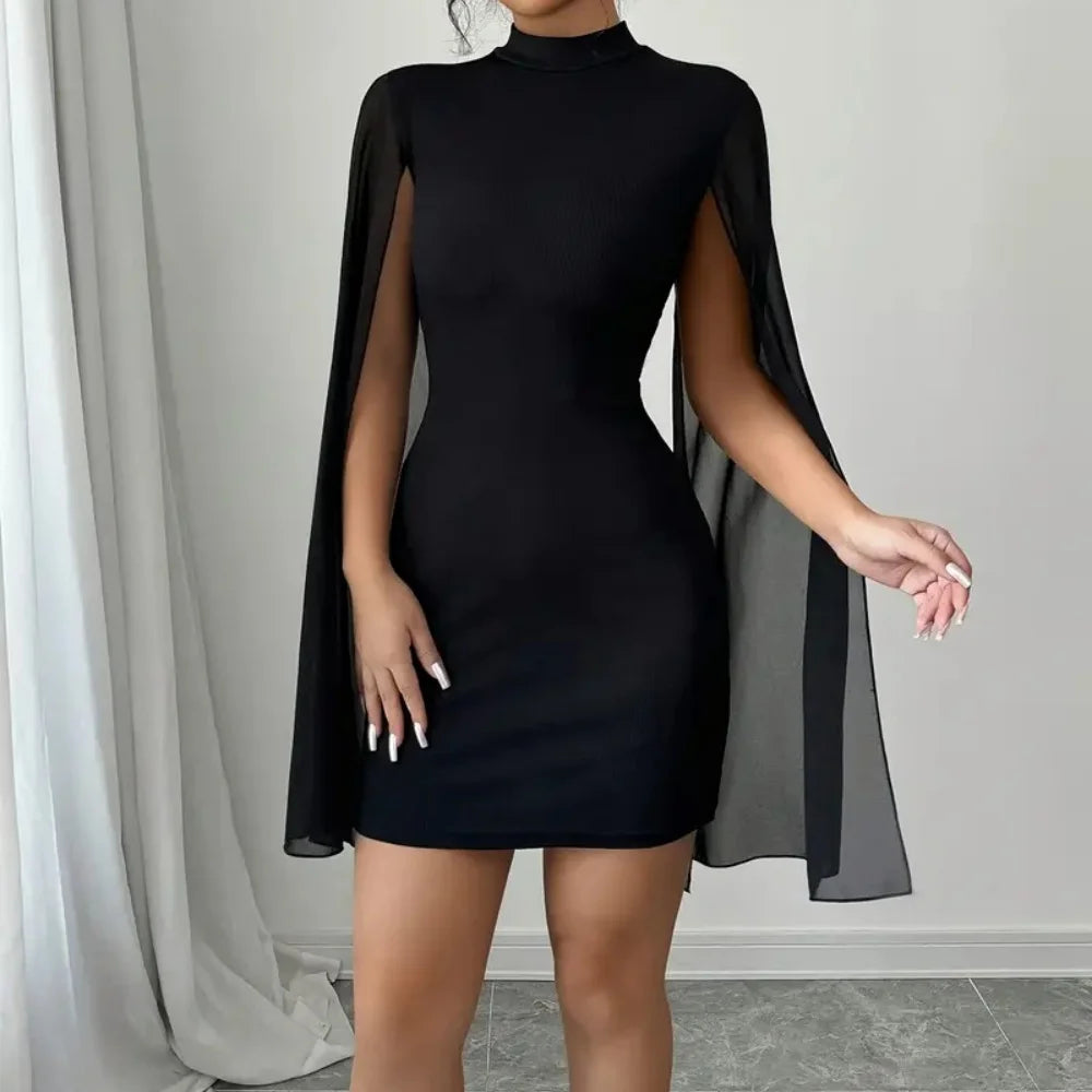 Black Ribbed Cape Dress